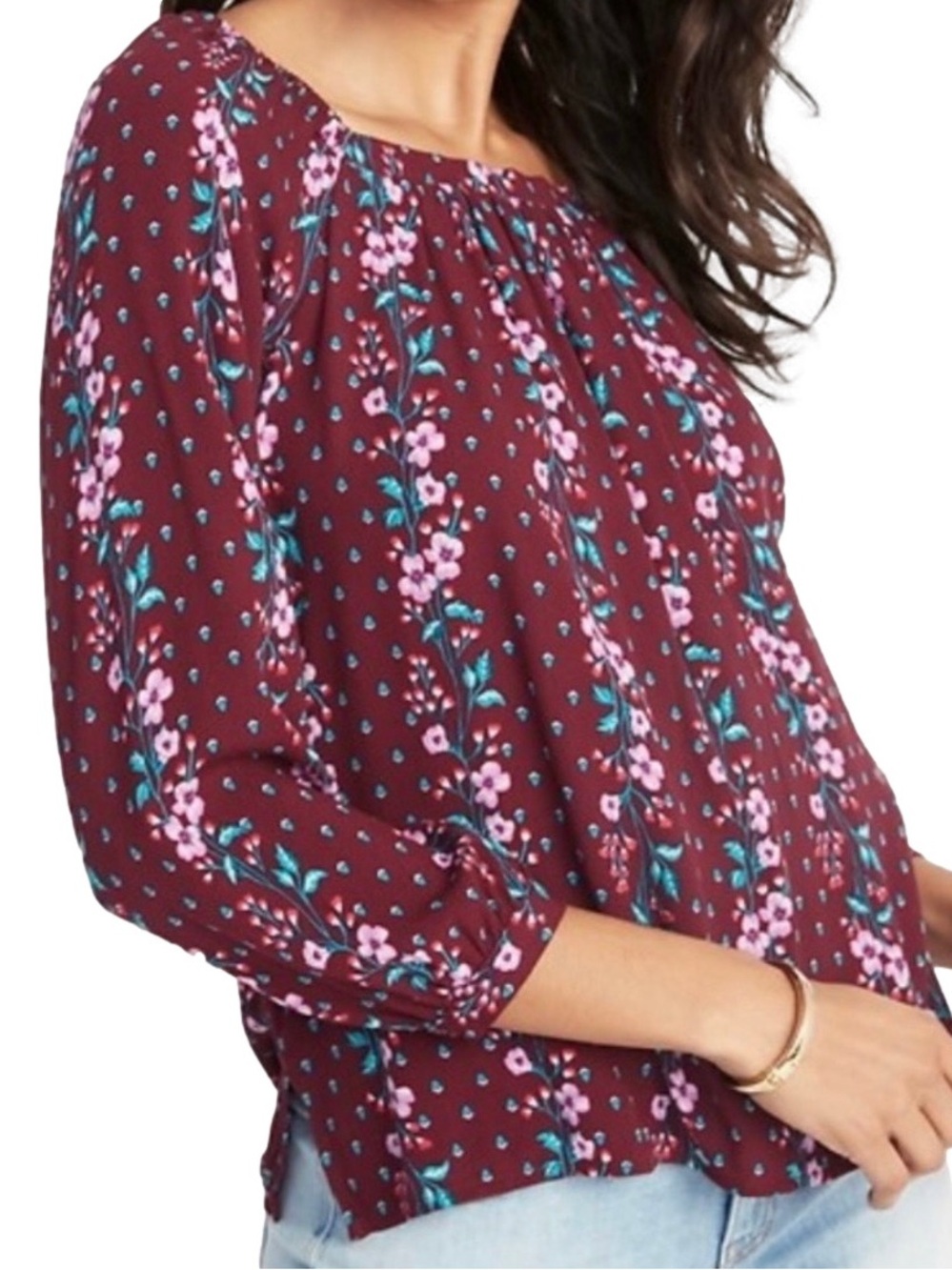 Old Navy Burgundy Floral Square-Neck Long Sleeve Tunic